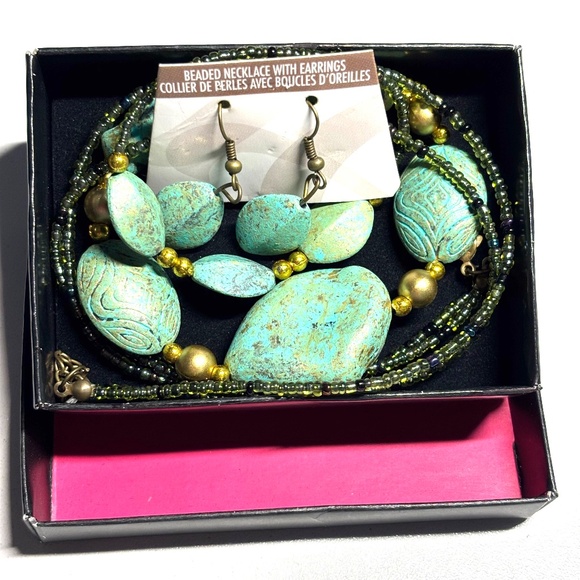 Set of multi layered beaded necklace and earrings -  aqua green and gold - Picture 1 of 5